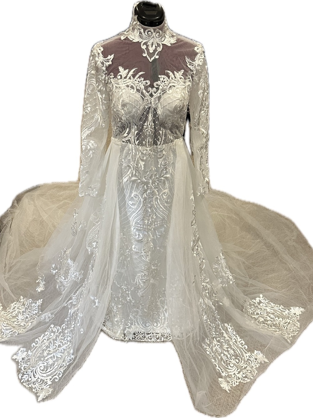 Embroidered White Lace High-Neck Bridal Gown